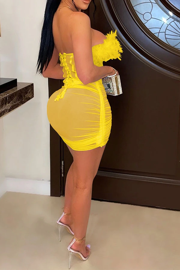 Feather Patchwork Bandeau Party See-Through Dress Suit 2 Feather Patchwork Bandeau Party See-Through Dress Suit - Image 2