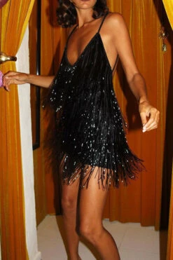 Sequined Smart Tassel Backless Mini Dress
