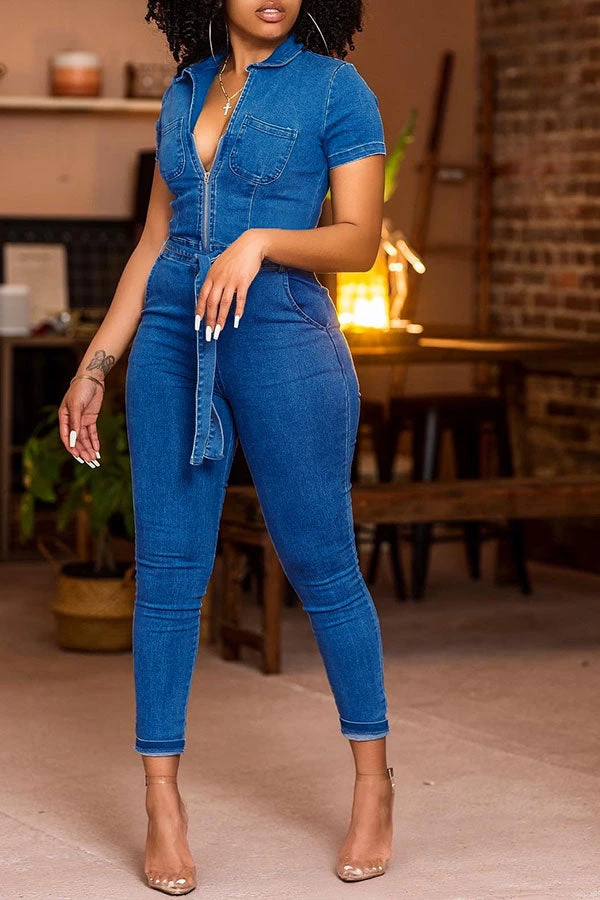 Denim Cool Zipped Design Jumpsuit (With Belt) 1 Denim Cool Zipped Design Jumpsuit (With Belt)