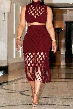 Solid Color Modern Cutout Tassel Dress Suit 8 Solid Color Modern Cutout Tassel Dress Suit -Prettytina C22081015 WR 1