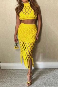 Solid Color Modern Cutout Tassel Dress Suit 9 Solid Color Modern Cutout Tassel Dress Suit -Prettytina C22081015 YE 1