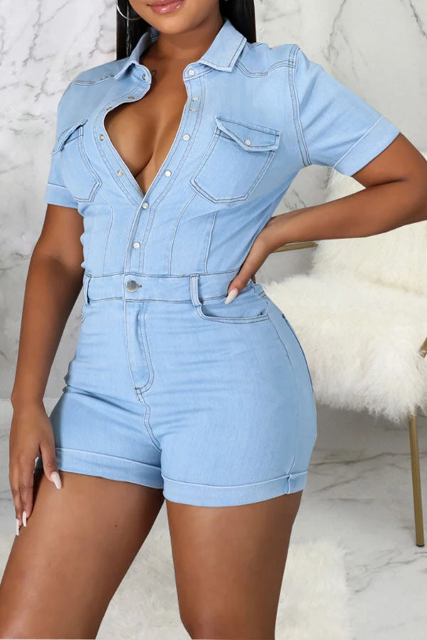 Denim Sporty Single Breasted Romper 3 Denim Sporty Single Breasted Romper - Image 3