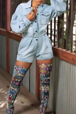 Denim Cool Single Breasted Romper (With Belt)