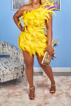 Fluffy Glamorous One Shoulder Mini Dress