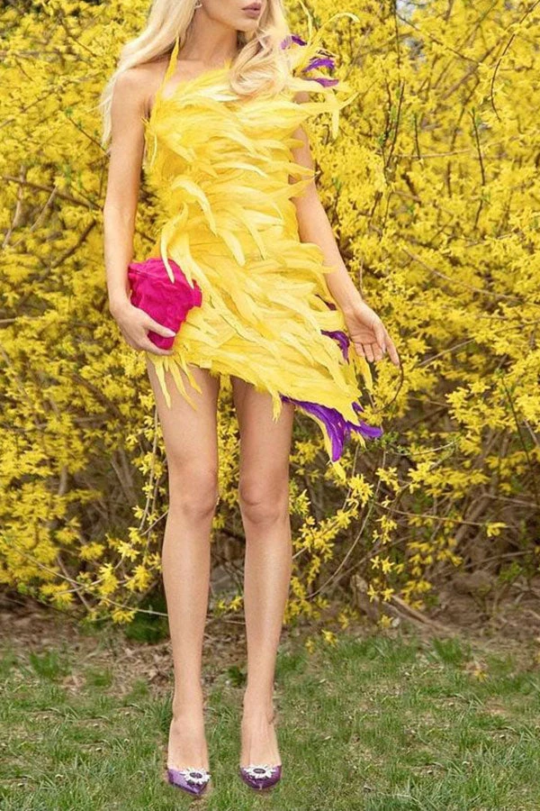 Fluffy Glamorous One Shoulder Mini Dress 3 Fluffy Glamorous One Shoulder Mini Dress - Image 3