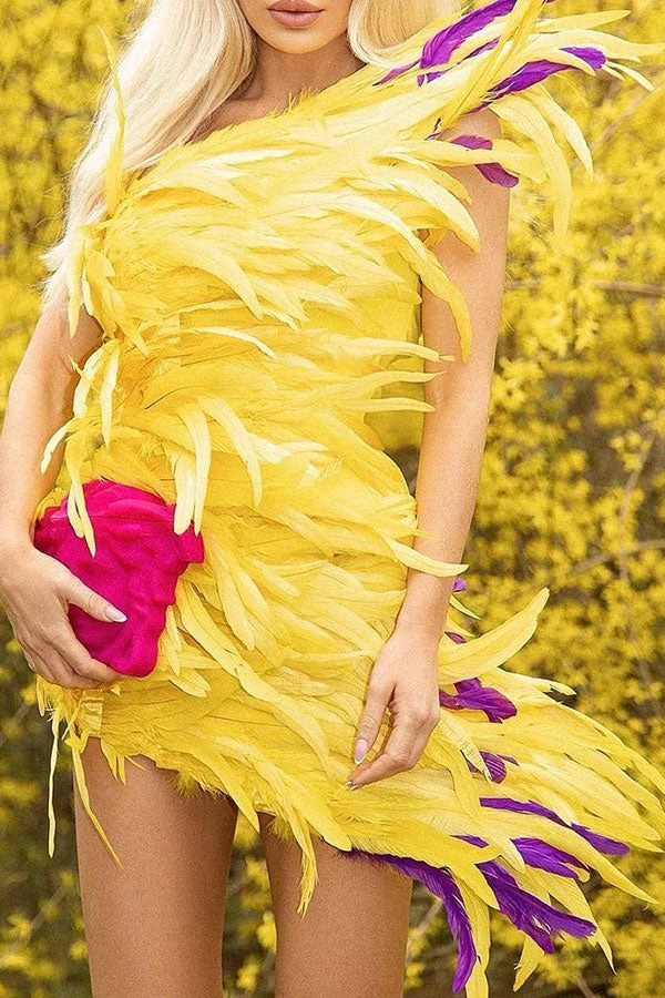 Fluffy Glamorous One Shoulder Mini Dress 4 Fluffy Glamorous One Shoulder Mini Dress - Image 4