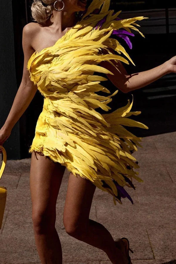 Fluffy Glamorous One Shoulder Mini Dress 6 Fluffy Glamorous One Shoulder Mini Dress - Image 6