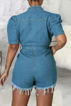 Blue Smart Single Breasted Denim Romper (With Belt) -Prettytina C22092365 BL 6
