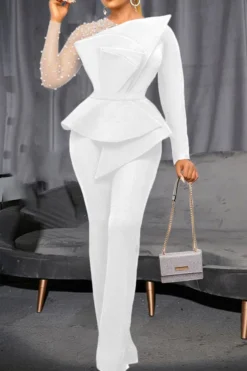 Solid Color Elegant Pearls Jumpsuit