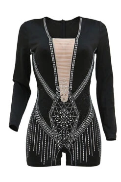 Rhinestone Modern Zipped Design Romper -Prettytina C22100869 BK 3