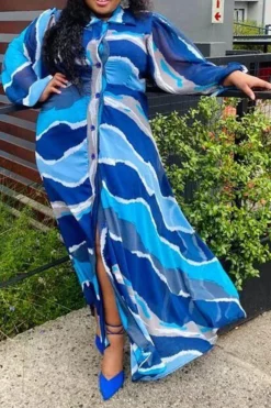 Graphic Print Casual Single Breasted Maxi Dress