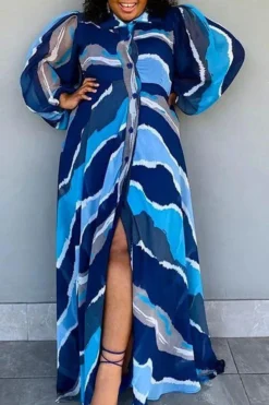 Graphic Print Casual Single Breasted Maxi Dress -Prettytina C22101304 BL 3