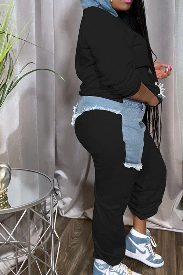 Denim Patchwork Sporty Pant Suit 7 Denim Patchwork Sporty Pant Suit - Image 7