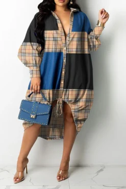 Grid Modern Single Breasted Midi Dress