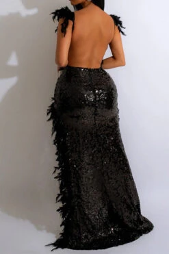 Sequined Glamorous Fluffy Maxi Dress -Prettytina C22113025 BK 2