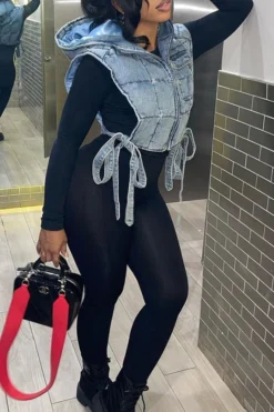 Blue Cool Lace-Up Denim Coat -Prettytina C22122110 BL 3