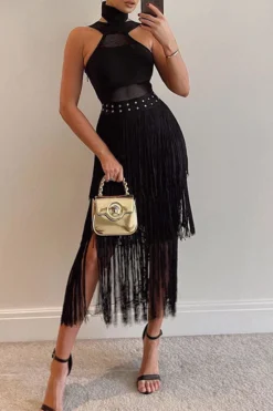 Solid Color Boho Tassel Midi Dress