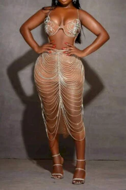 Rhinestone Glamorous See-Through Midi Dress