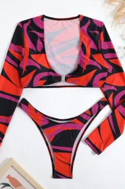 Abstract Print Sporty Long Sleeve Bikini -Prettytina C23020802 OR 3