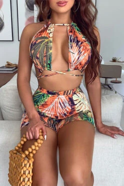 Leaf Print Tropical Strappy Backless Bikini -Prettytina C23020822 BR 1