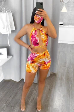 Leaf Print Tropical Strappy Backless Bikini -Prettytina C23020822 OR 1