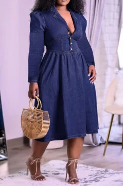 Solid Color Casual Denim Midi Dress