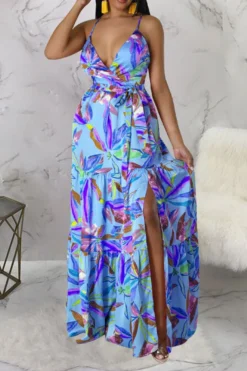 Floral Print On-trend Lace-Up High Split Maxi Dress -Prettytina C23020838 BL 1