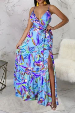 Floral Print On-trend Lace-Up High Split Maxi Dress -Prettytina C23020838 BL 2