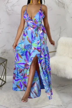 Floral Print On-trend Lace-Up High Split Maxi Dress -Prettytina C23020838 BL 3