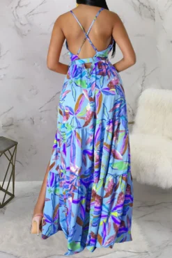 Floral Print On-trend Lace-Up High Split Maxi Dress -Prettytina C23020838 BL 4