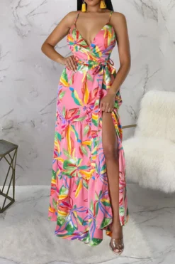 Floral Print On-trend Lace-Up High Split Maxi Dress -Prettytina C23020838 PI 3