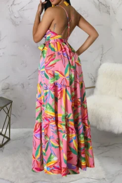 Floral Print On-trend Lace-Up High Split Maxi Dress -Prettytina C23020838 PI 4