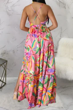 Floral Print On-trend Lace-Up High Split Maxi Dress -Prettytina C23020838 PI 5
