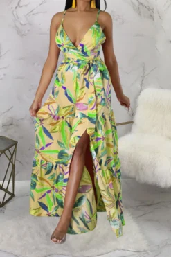 Floral Print On-trend Lace-Up High Split Maxi Dress -Prettytina C23020838 YE 3