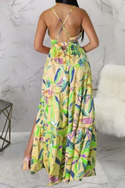 Floral Print On-trend Lace-Up High Split Maxi Dress -Prettytina C23020838 YE 4