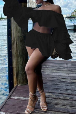 Solid Color Girly Tiered Ruffle Dress Suit -Prettytina C23020851 BK 1