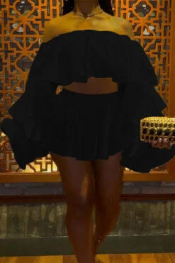 Solid Color Girly Tiered Ruffle Dress Suit -Prettytina C23020851 BK 2