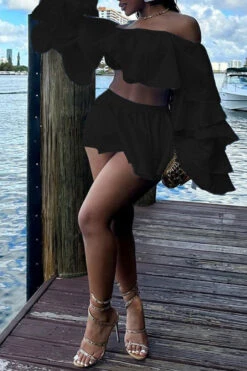 Solid Color Girly Tiered Ruffle Dress Suit -Prettytina C23020851 BK 3