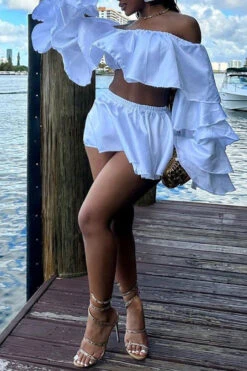 Solid Color Girly Tiered Ruffle Dress Suit