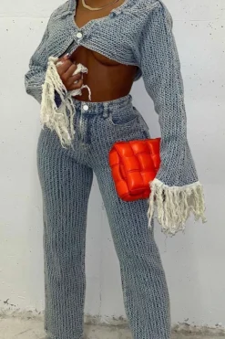 Crochet Hollow-Out Stylish Wide Leg Denim Pant Suit -Prettytina C23021506 BL 10