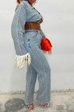 Crochet Hollow-Out Stylish Wide Leg Denim Pant Suit -Prettytina C23021506 BL 7