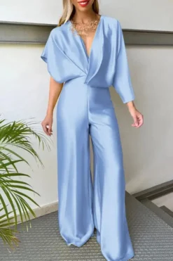 Solid Color Elegant Asymmetric Sleeve Open Back Jumpsuit