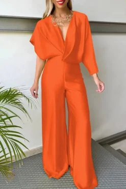 Solid Color Elegant Asymmetric Sleeve Open Back Jumpsuit -Prettytina C23021520 OR 1