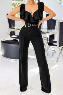Solid Color Glamorous Ruffle Cold Shoulder Jumpsuit (With Belt) -Prettytina C23021526 BK 1