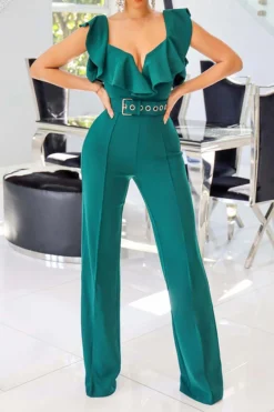 Solid Color Glamorous Ruffle Cold Shoulder Jumpsuit (With Belt) -Prettytina C23021526 GR 1