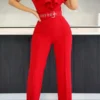 Solid Color Glamorous Ruffle Cold Shoulder Jumpsuit (With Belt)