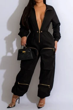 Solid Color Sporty Multi Pocket Drawstring Jumpsuit -Prettytina C23021528 BK 1