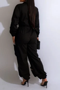 Solid Color Sporty Multi Pocket Drawstring Jumpsuit -Prettytina C23021528 BK 2