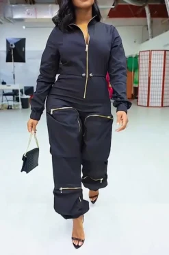 Solid Color Sporty Multi Pocket Drawstring Jumpsuit -Prettytina C23021528 BK 3