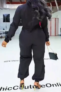 Solid Color Sporty Multi Pocket Drawstring Jumpsuit -Prettytina C23021528 BK 4